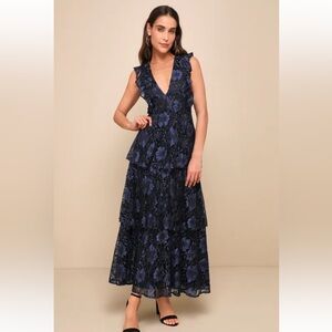 Lulus Molinetto Navy Blue Lace Ruffled Tiered Sleeveless dress